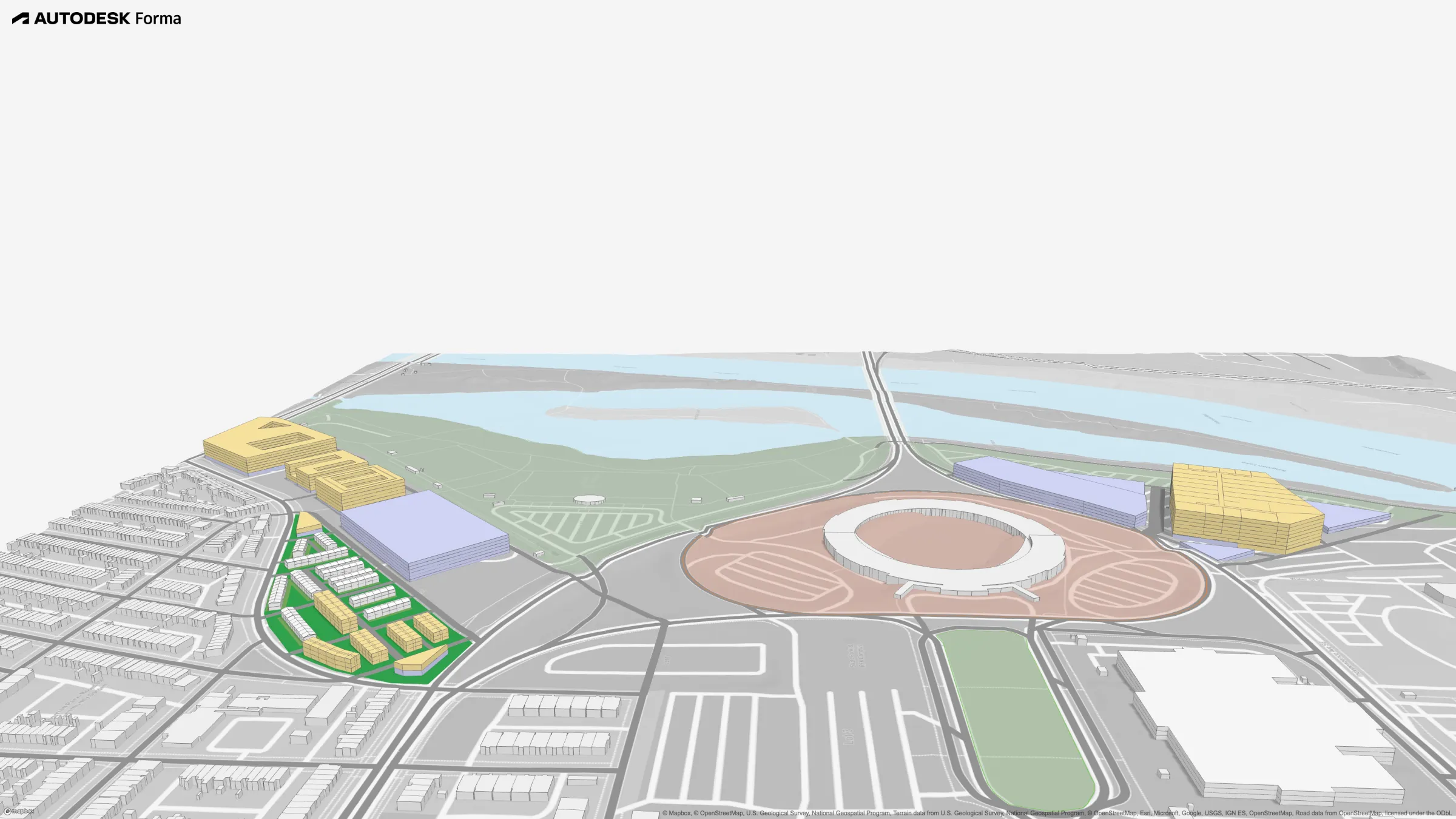 Campus Massing Overview (Autodesk Forma): Residential district, parking deck, and riverfront mixed-use blocks read against the existing stadium and the Anacostia.