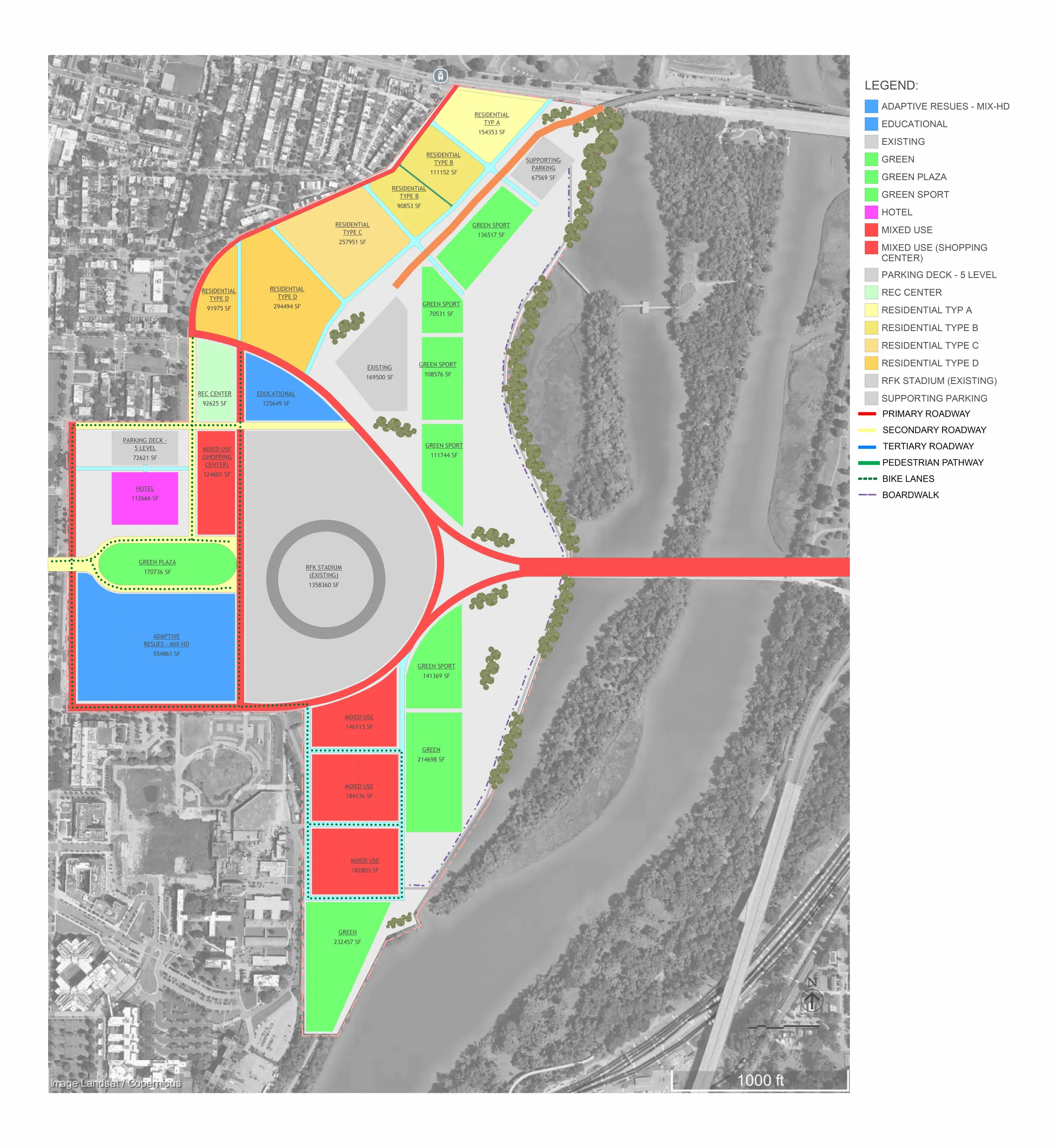 Land Use & Circulation Plan: Parcel program and areas — residential types A–D, mixed use, educational, hotel, recreation, and green sport — with primary, secondary, and tertiary roadways, bike lanes, pedestrian paths, and the riverfront boardwalk.