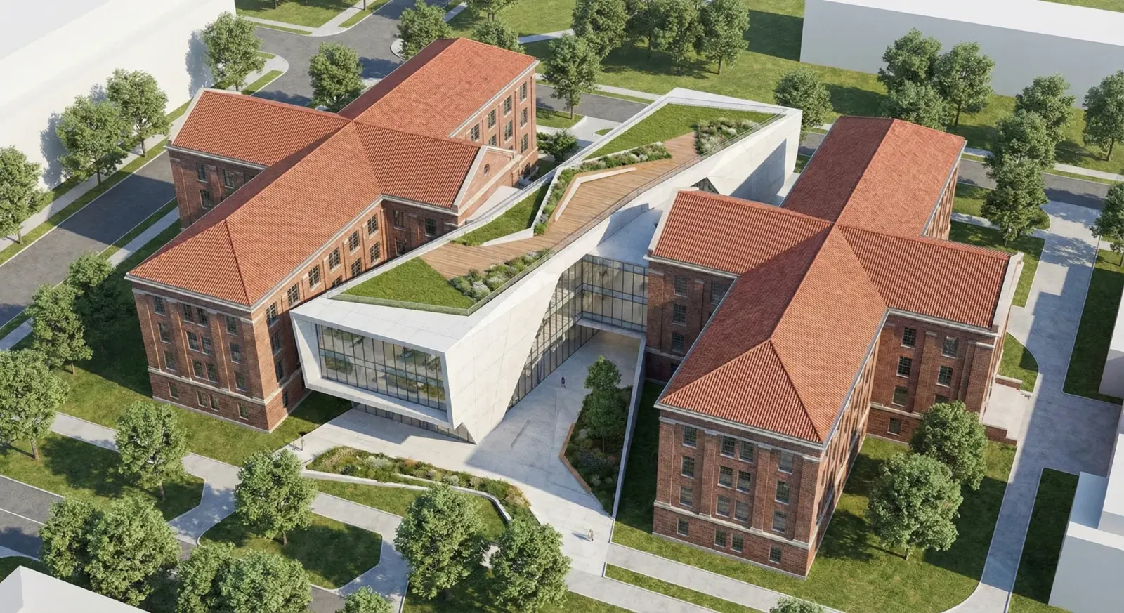 Aerial render of two restored brick cruciform ward buildings joined by a faceted concrete-and-glass connector with a planted roof walk.