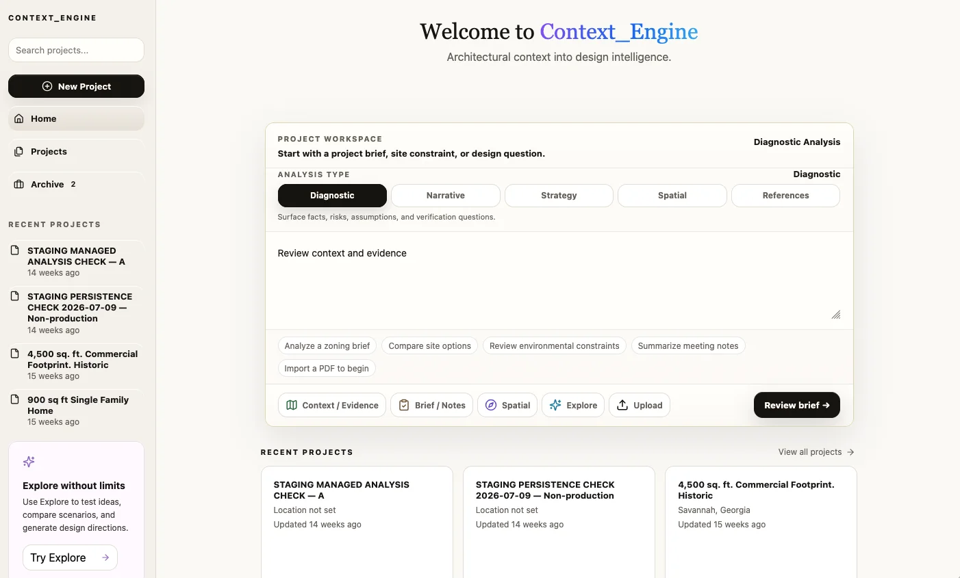 Project workspace: start from a brief, site constraint, or design question, then choose an analysis type — Diagnostic, Narrative, Strategy, Spatial, or References.