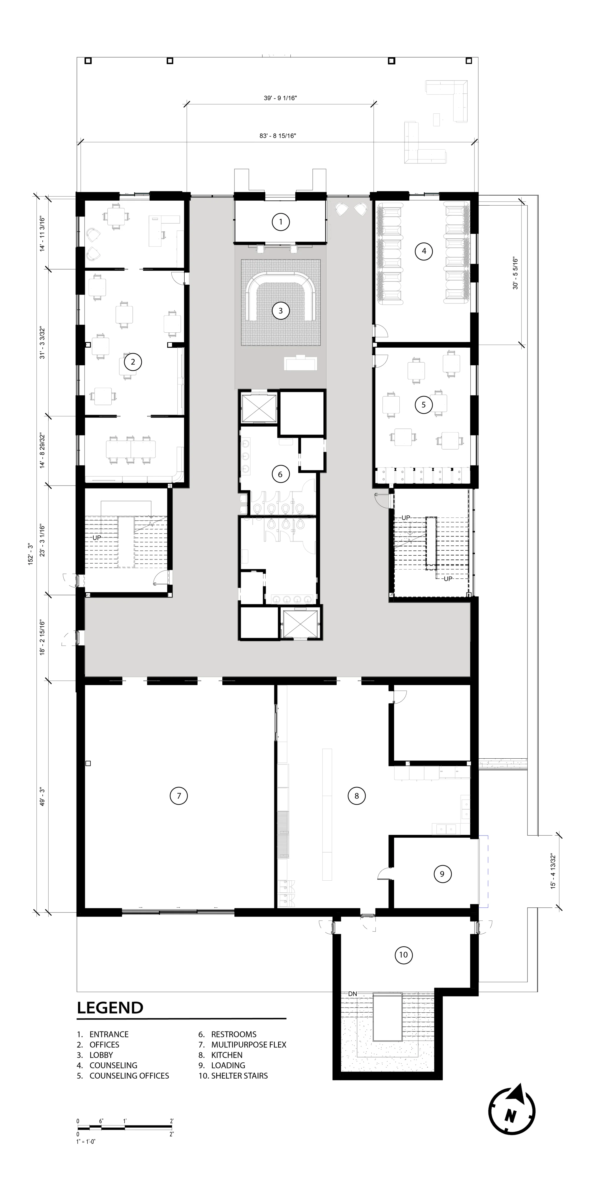 Ground Floor Plan (measured): Entrance, lobby, offices, counseling, multipurpose hall, kitchen, loading, and shelter stairs.