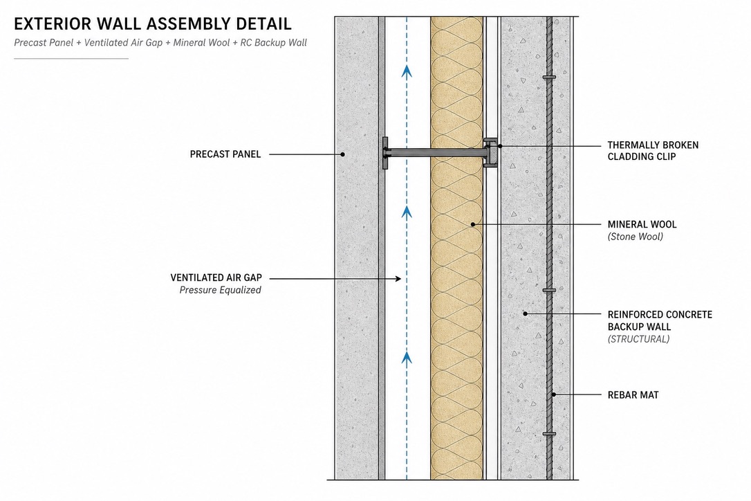 Exterior Wall Assembly Detail: Precast panel, ventilated air gap, mineral wool, and reinforced concrete backup wall.