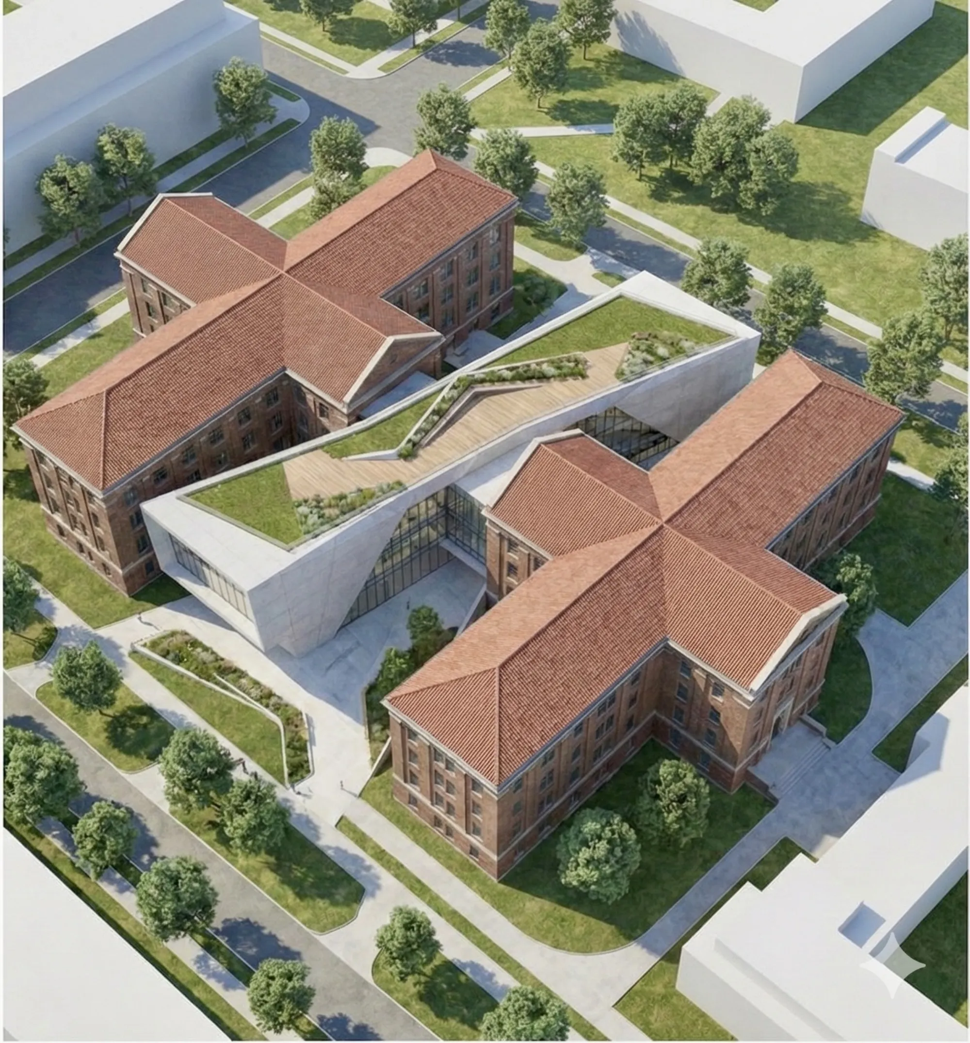 Oblique Aerial: Connector volume, glazed atrium, and landscaped approach between the cruciform wings.