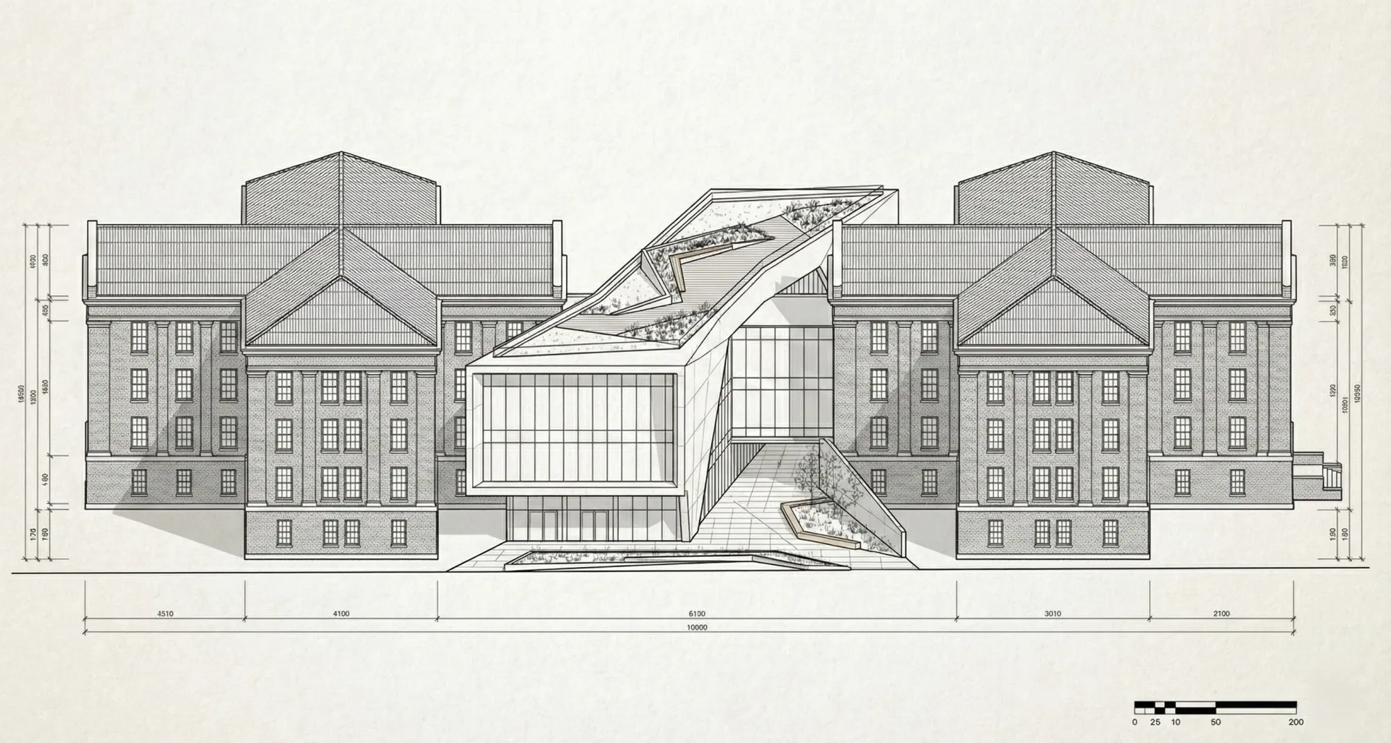 Principal Elevation: Historic ward facades read against the new connector.