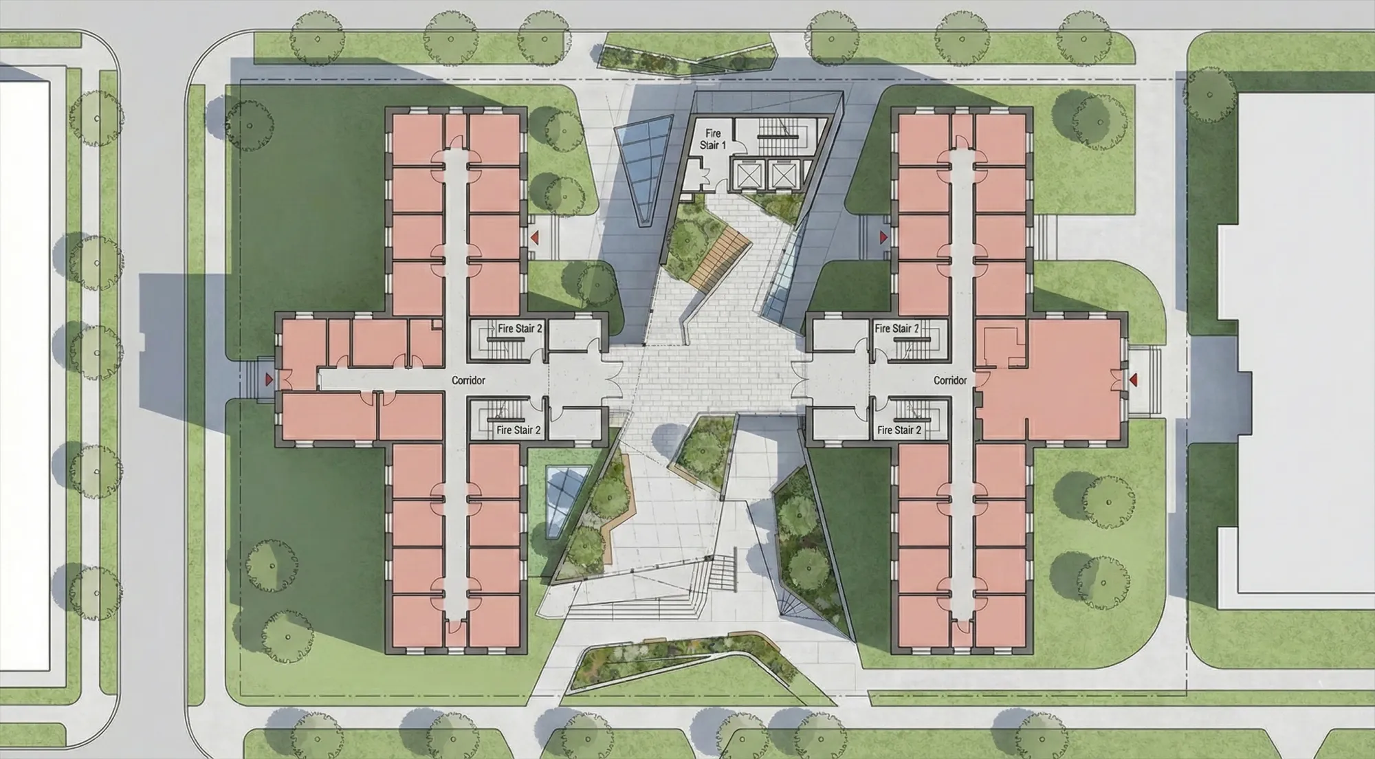 Level 1 Plan: Studio units along double-loaded corridors, with the shared connector plaza between the wings.