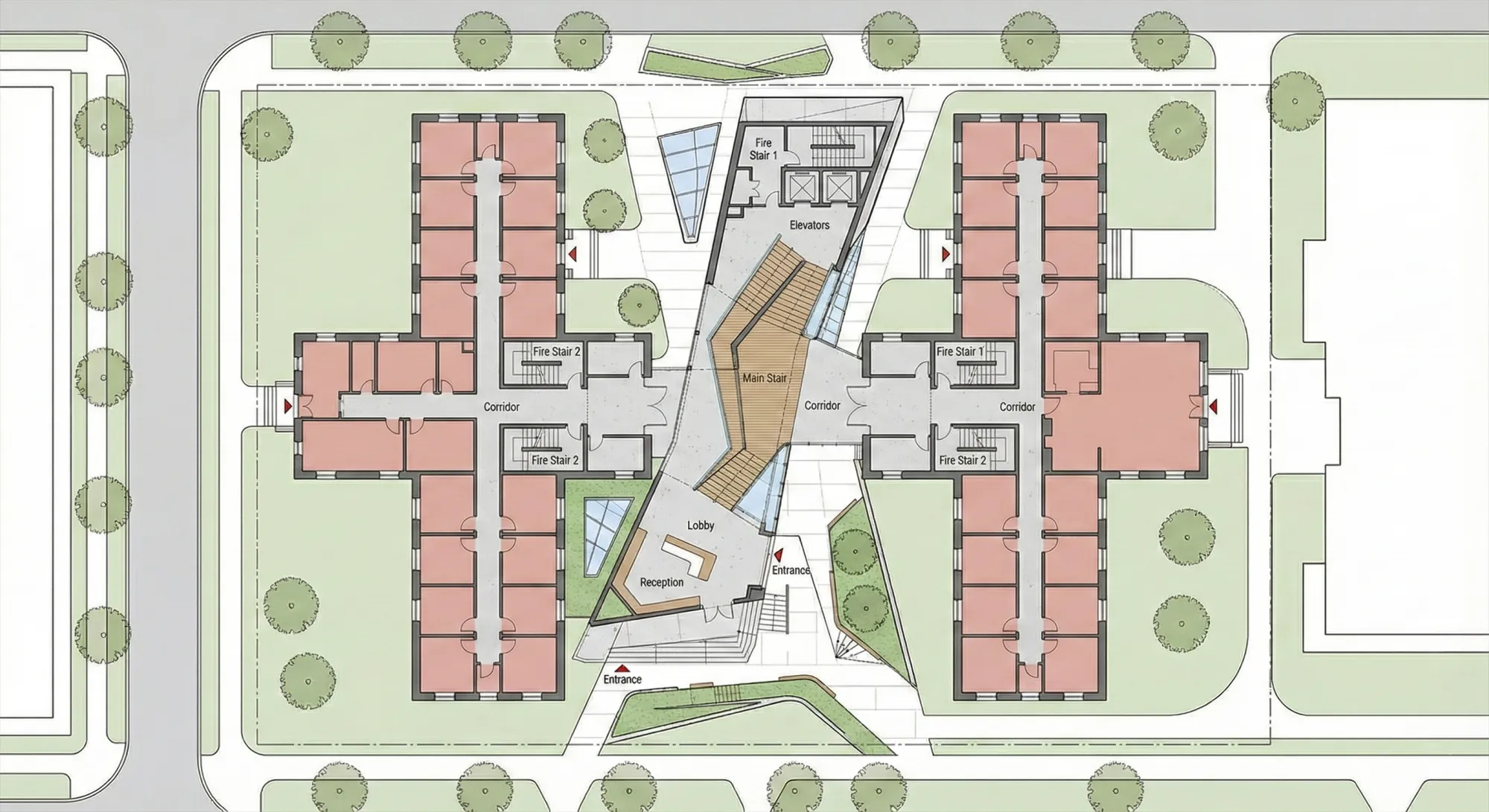 Level 2 Plan: Ward corridors linked through the connector and its planted roof walk.