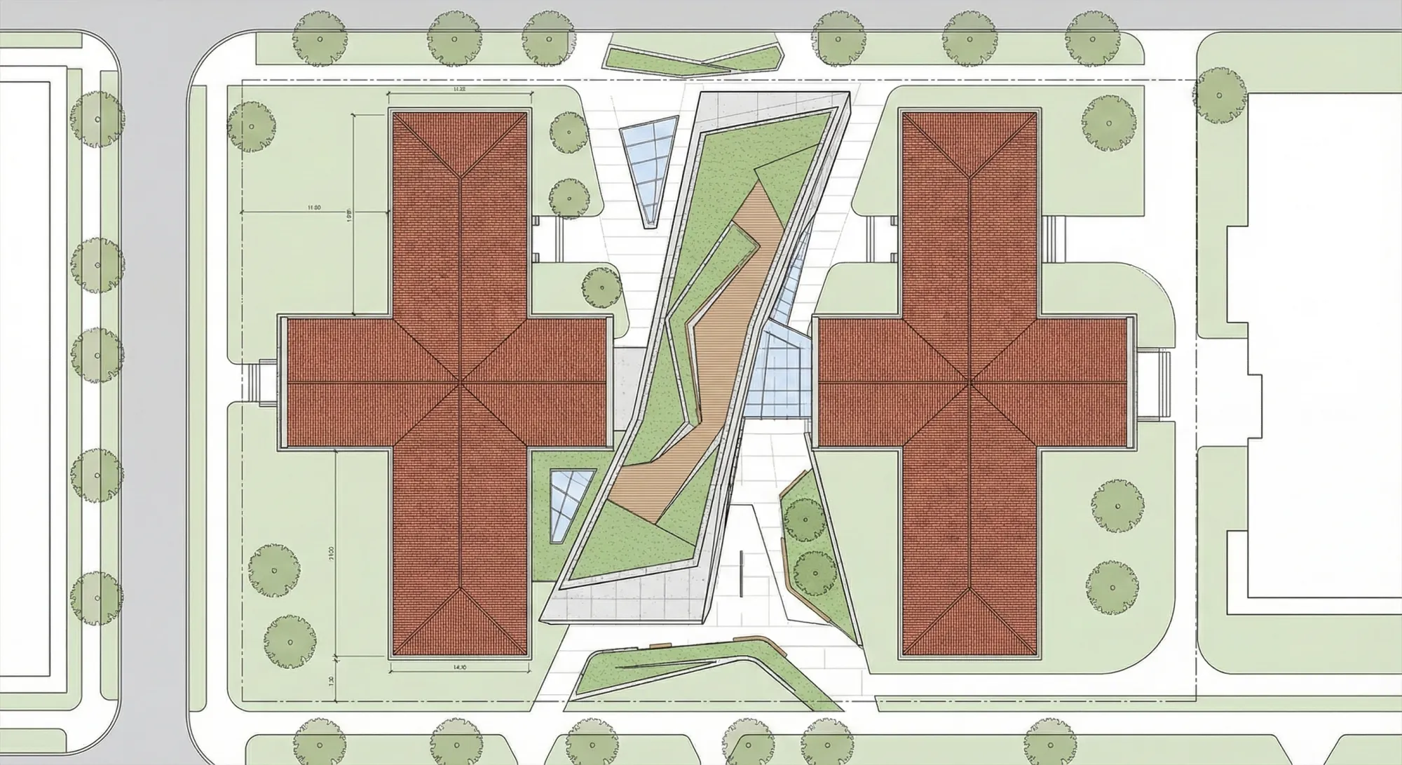 Site Plan: Cruciform roof plans, connector footprint, and landscape between the wards.