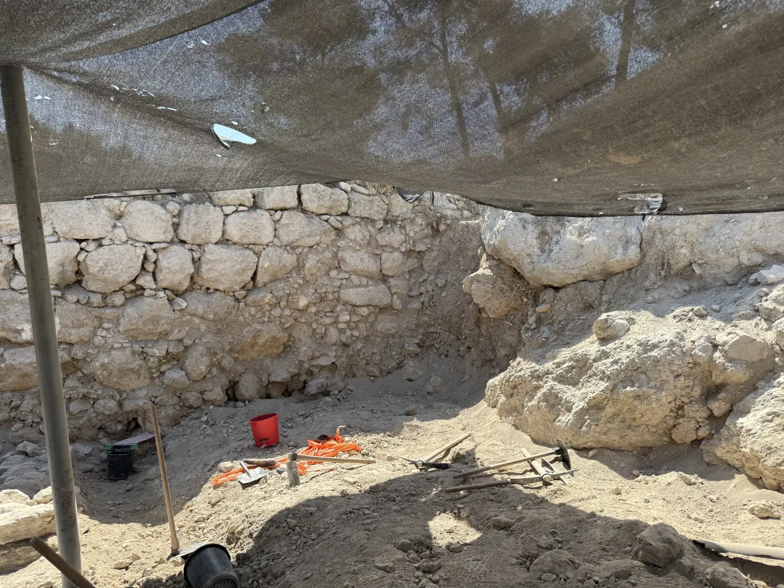 Tel Azekah: Coursed ashlar wall under the shade structure.